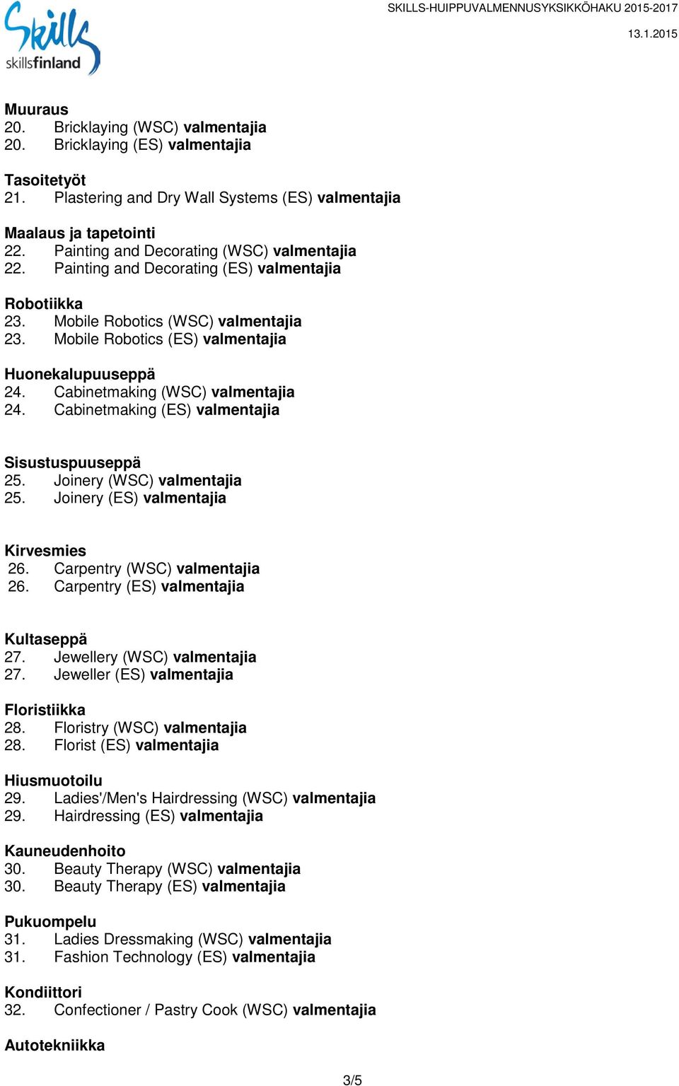 Cabinetmaking (WSC) valmentajia 24. Cabinetmaking (ES) valmentajia Sisustuspuuseppä 25. Joinery (WSC) valmentajia 25. Joinery (ES) valmentajia Kirvesmies 26. Carpentry (WSC) valmentajia 26.