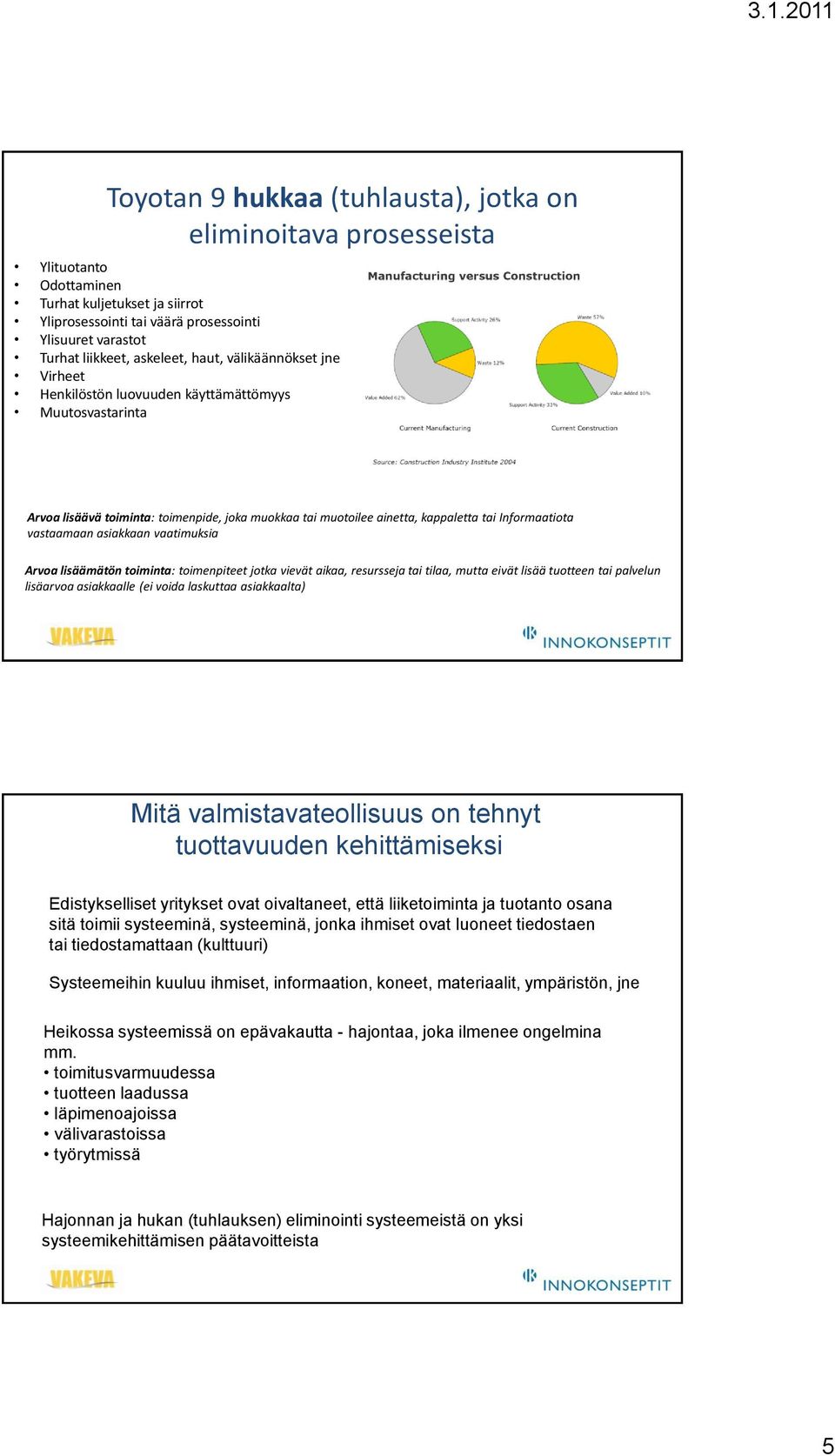 Virheet Henkilöstön luovuuden käyttämättömyys Muutosvastarinta Arvoa lisäävä toiminta: toimenpide, joka muokkaa tai muotoilee ainetta, kappaletta tai Informaatiota vastaamaan asiakkaan vaatimuksia