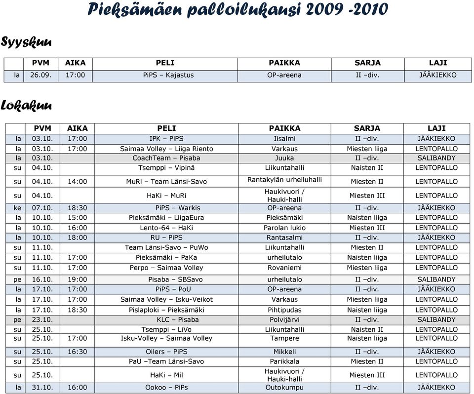 10. 18:30 PiPS Warkis OP-areena II div. JÄÄKIEKKO la 10.10. 15:00 Pieksämäki LiigaEura Pieksämäki Naisten liiga LENTOPALLO la 10.10. 16:00 Lento-64 HaKi Parolan lukio la 10.10. 18:00 RU PiPS Rantasalmi II div.