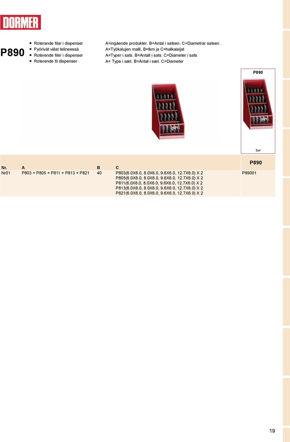 C=Diameter P890 Set Nr. A B C Nr01 P803 + P805 + P811 + P813 + P821 40 P803(6.0X6.0, 8.0X6.0, 9.6X6.0, 12.7X6.0) X 2 P805(6.0X6.0, 8.0X6.0, 9.6X6.0, 12.7X6.0) X 2 P811(6.