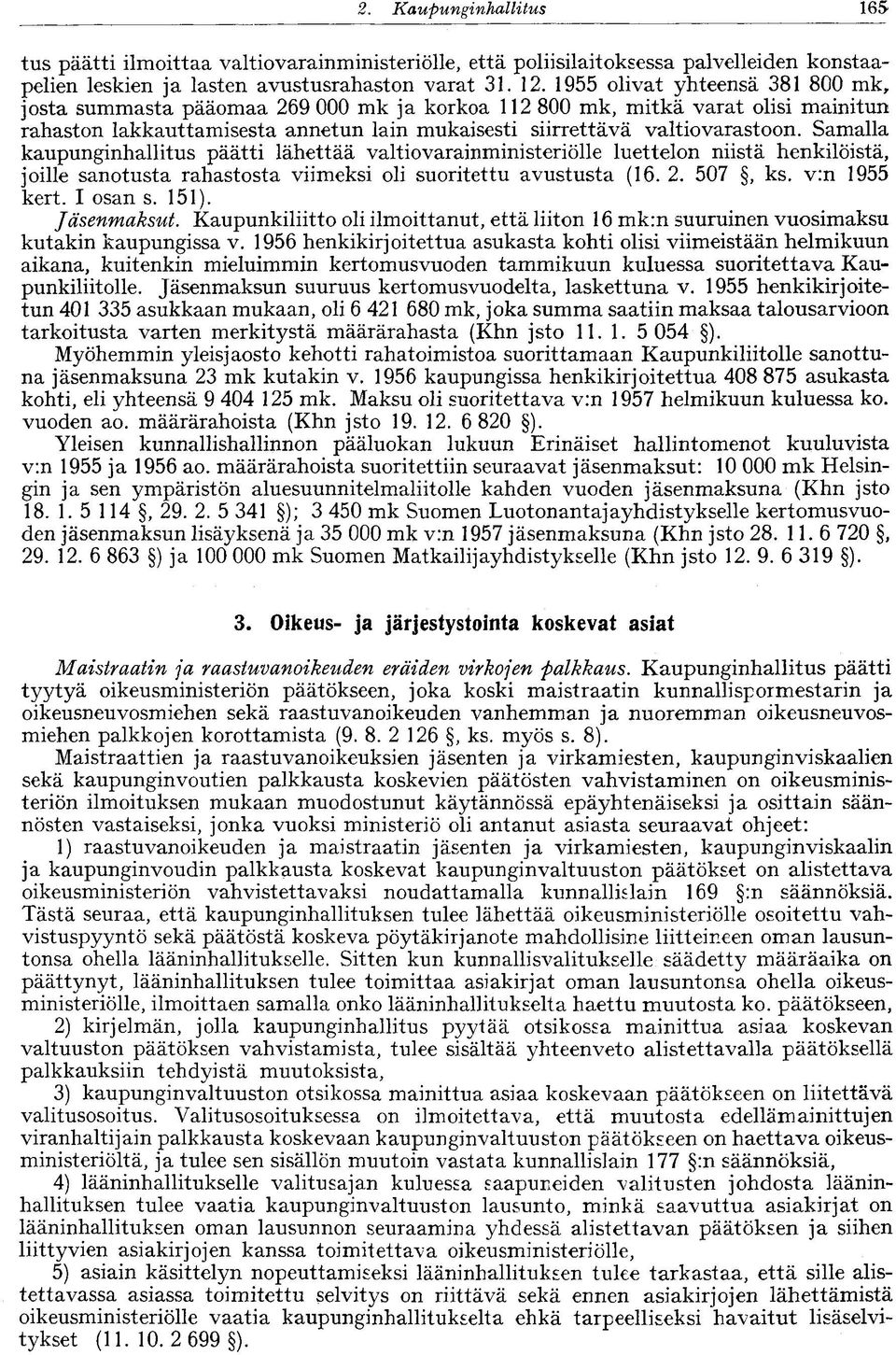 Samalla kaupunginhallitus päätti lähettää valtiovarainministeriölle luettelon niistä henkilöistä, joille sanotusta rahastosta viimeksi oli suoritettu avustusta (16. 2. 507, ks. v:n 1955 kert.