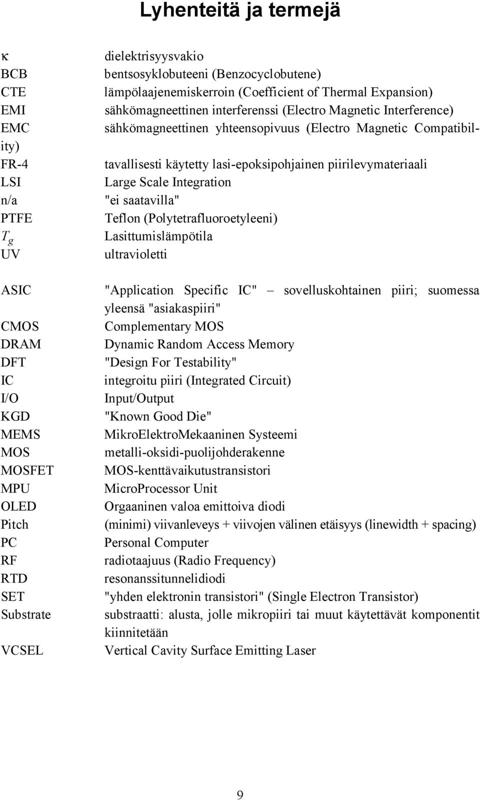 (Polytetrafluoroetyleeni) Lasittumislämpötila ultravioletti "Application Specific IC" sovelluskohtainen piiri; suomessa yleensä "asiakaspiiri" Complementary MOS Dynamic Random Access Memory "Design