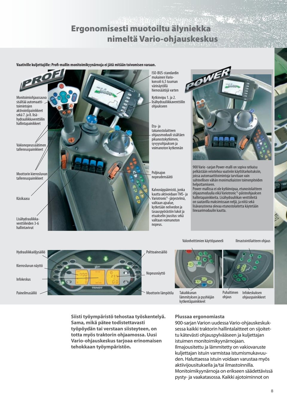 lisähydrauliikkaventtiilin hallintapainikkeet Vakionopeussäätimen tallennuspainikkeet ISO-BUS-standardin mukainen Variokonsoli 6,5 tuuman värinäytöllä hienosäätöjä varten Kytkinvipu 1. ja 2.