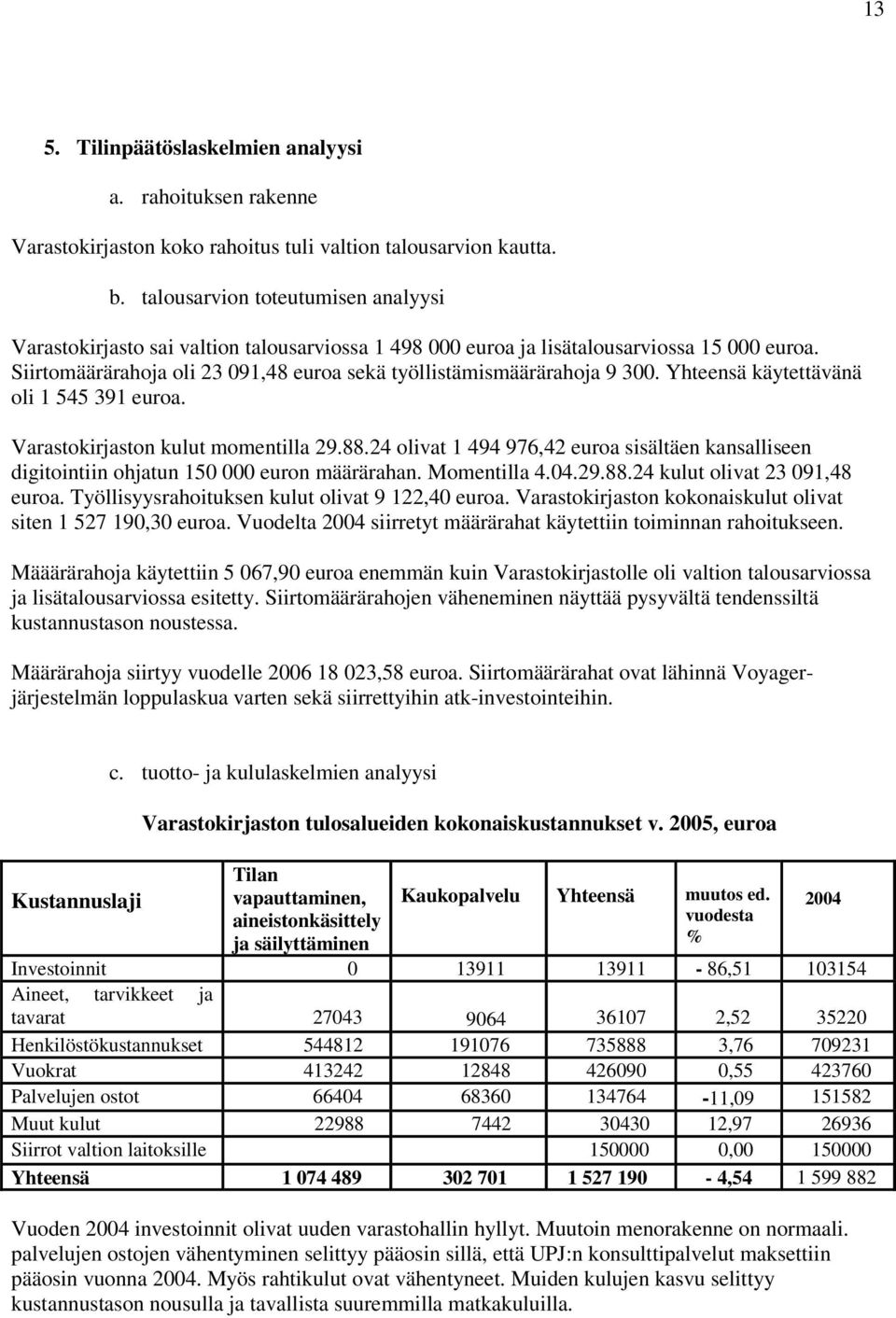 Siirtomäärärahoja oli 23 091,48 euroa sekä työllistämismäärärahoja 9 300. Yhteensä käytettävänä oli 1 545 391 euroa. Varastokirjaston kulut momentilla 29.88.