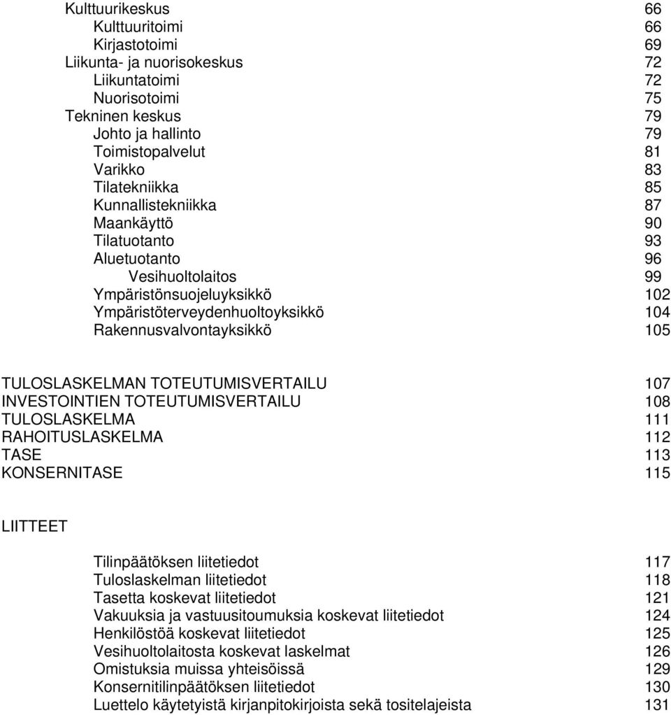 TULOSLASKELMAN TOTEUTUMISVERTAILU 107 INVESTOINTIEN TOTEUTUMISVERTAILU 108 TULOSLASKELMA 111 RAHOITUSLASKELMA 112 TASE 113 KONSERNITASE 115 LIITTEET Tilinpäätöksen liitetiedot 117 Tuloslaskelman