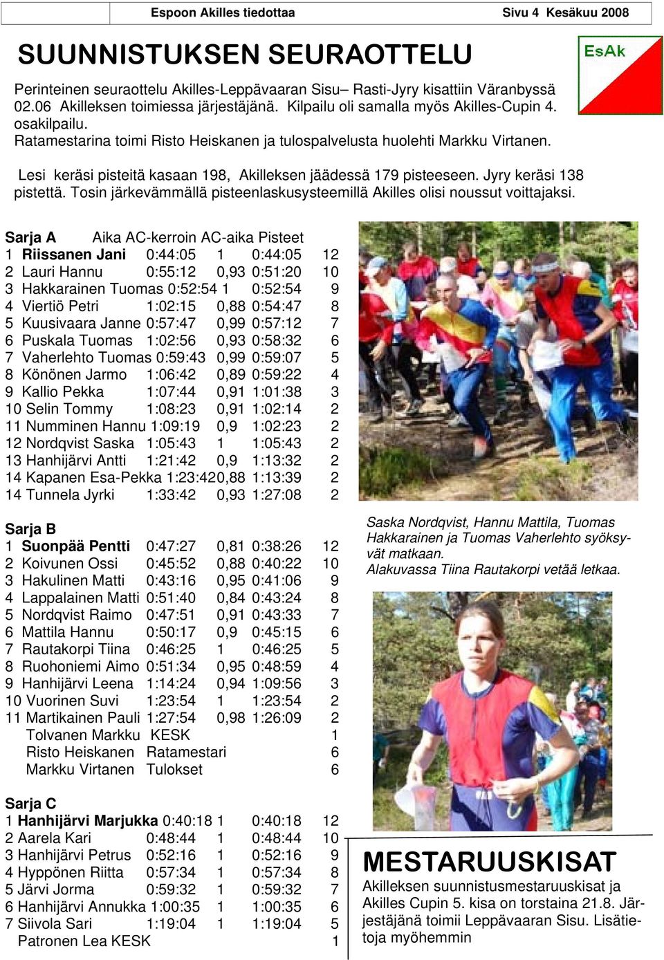 Lesi keräsi pisteitä kasaan 198, Akilleksen jäädessä 179 pisteeseen. Jyry keräsi 138 pistettä. Tosin järkevämmällä pisteenlaskusysteemillä Akilles olisi noussut voittajaksi.
