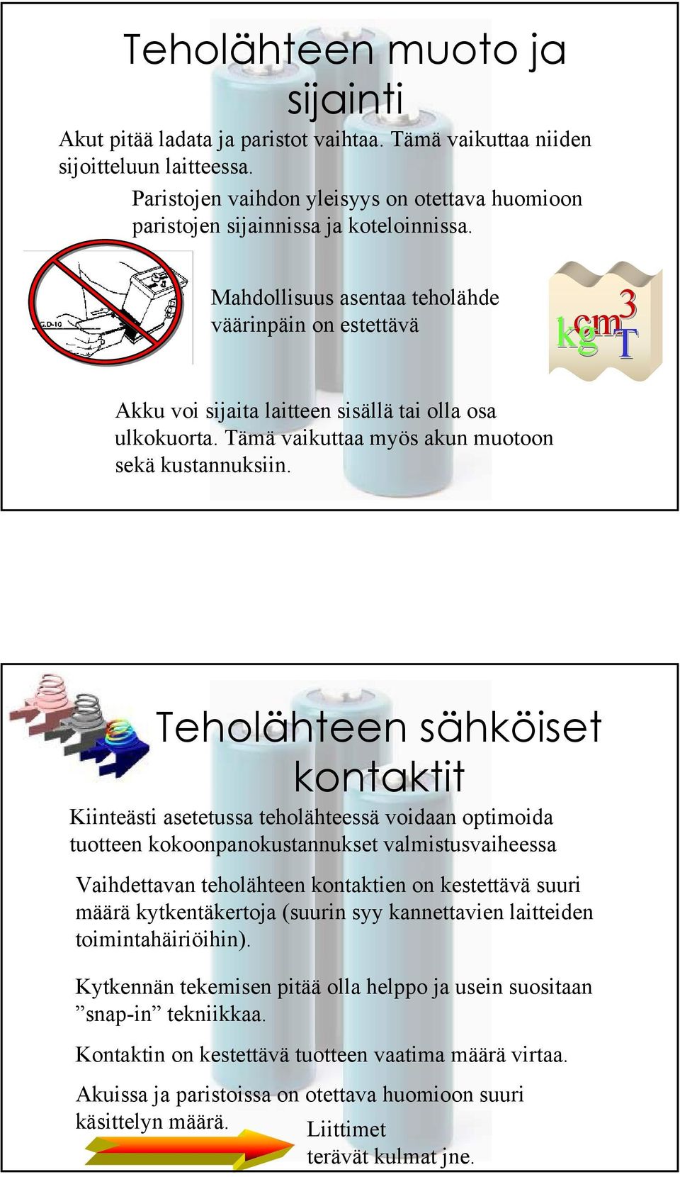 Mahdollisuus asentaa teholähde väärinpäin on estettävä kg cm 3 T Akku voi sijaita laitteen sisällä tai olla osa ulkokuorta. Tämä vaikuttaa myös akun muotoon sekä kustannuksiin.