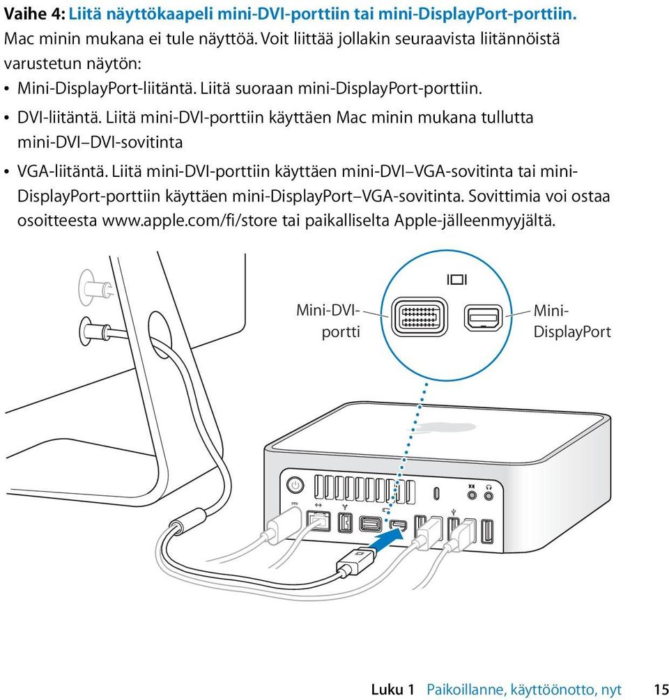 Liitä mini-dvi-porttiin käyttäen Mac minin mukana tullutta mini-dvi DVI-sovitinta Â VGA-liitäntä.