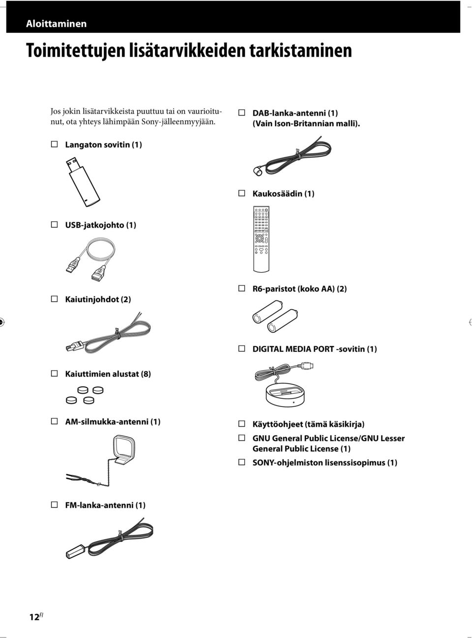 Langaton sovitin (1) Kaukosäädin (1) USB-jatkojohto (1) Kaiutinjohdot (2) R6-paristot (koko AA) (2) DIGITAL MEDIA PORT -sovitin (1)