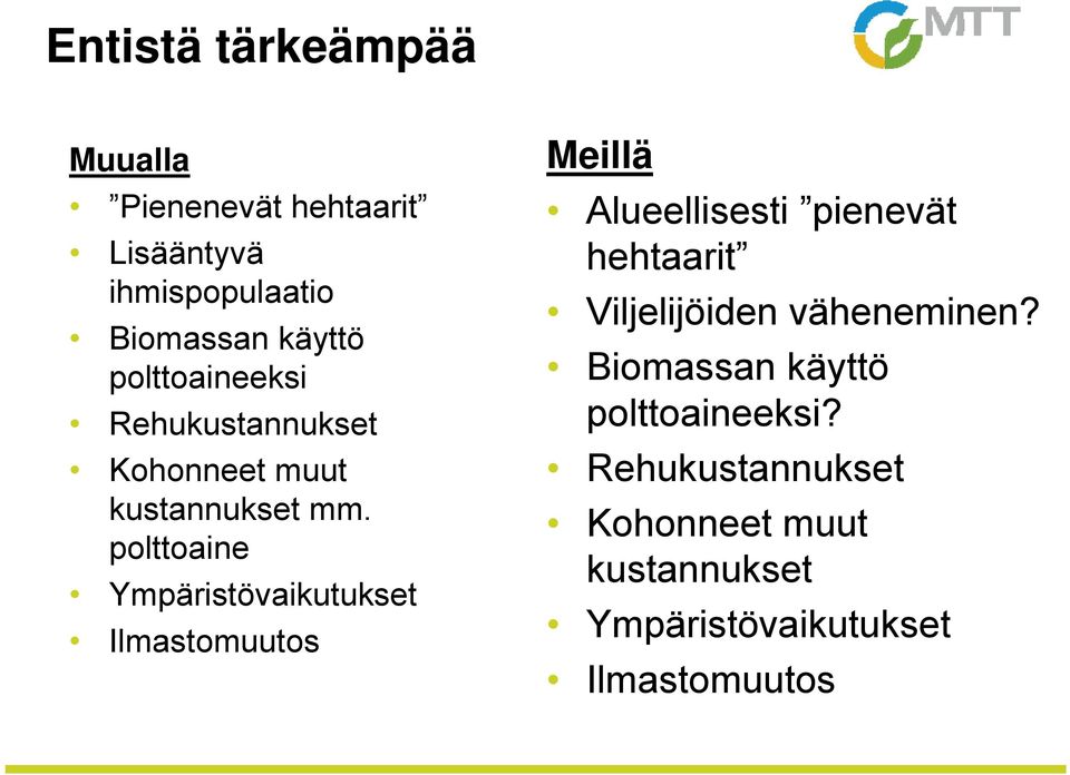 polttoaine Ympäristövaikutukset Ilmastomuutos Meillä Alueellisesti pienevät hehtaarit