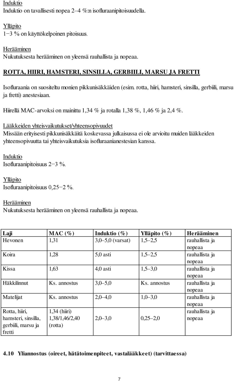 Hiirellä MAC-arvoksi on mainittu 1,34 % ja rotalla 1,38 %, 1,46 % ja 2,4 %.