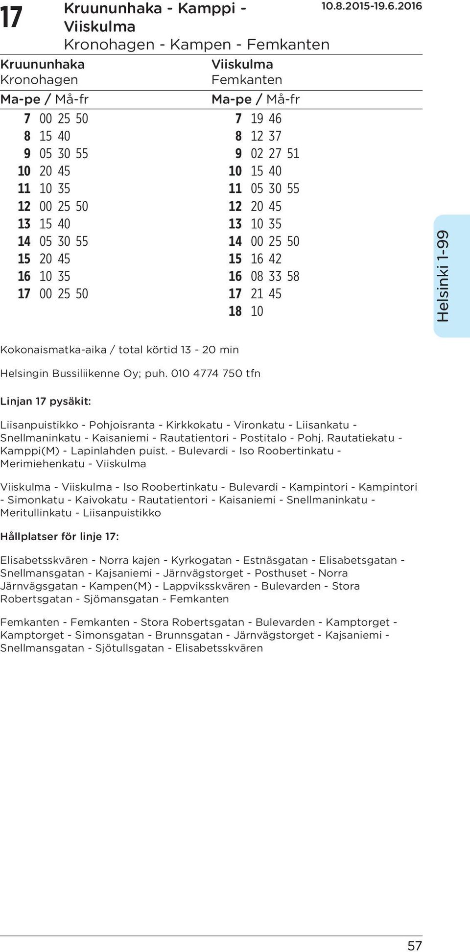 Bussiliikenne Oy; puh. 010 4774 750 tfn Linjan 17 pysäkit: Liisanpuistikko - Pohjoisranta - Kirkkokatu - Vironkatu - Liisankatu - Snellmaninkatu - Kaisaniemi - Rautatientori - Postitalo - Pohj.