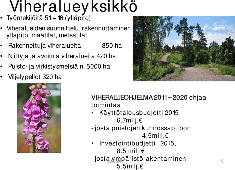 5000 ha Viljelypellot 320 ha VIHERALUEOHJ ELMA 20 11 2020 ohjaa toimintaa Käyttötalousbudjetti 2015, 6.7milj.