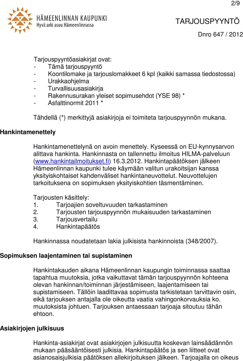 Kyseessä on EU-kynnysarvon alittava hankinta. Hankinnasta on tallennettu ilmoitus HILMA-palveluun (www.hankintailmoitukset.fi) 16.3.2012.