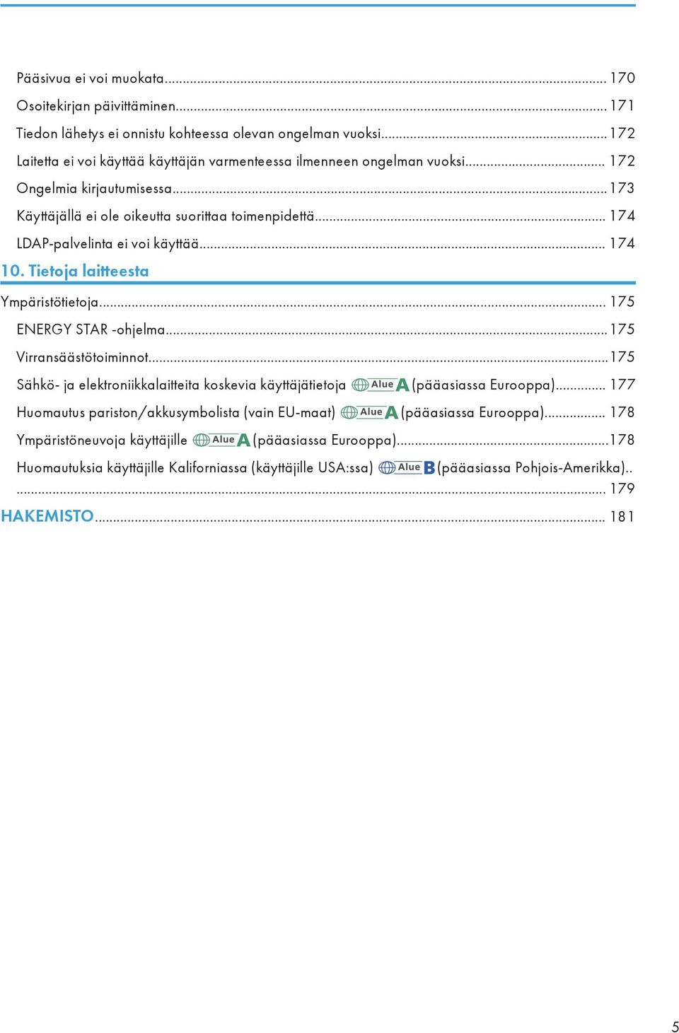 .. 174 LDAP-palvelinta ei voi käyttää... 174 10. Tietoja laitteesta Ympäristötietoja... 175 ENERGY STAR -ohjelma...175 Virransäästötoiminnot.