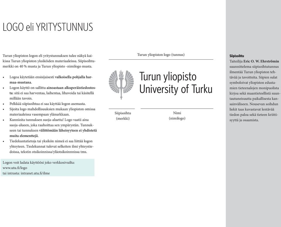 Pelkkää siipisoihtua ei saa käyttää logon asemasta. Sijoita logo mahdollisuuksien mukaan yliopiston omissa materiaaleissa vasempaan ylänurkkaan. Kunnioita tunnuksen suoja-aluetta!