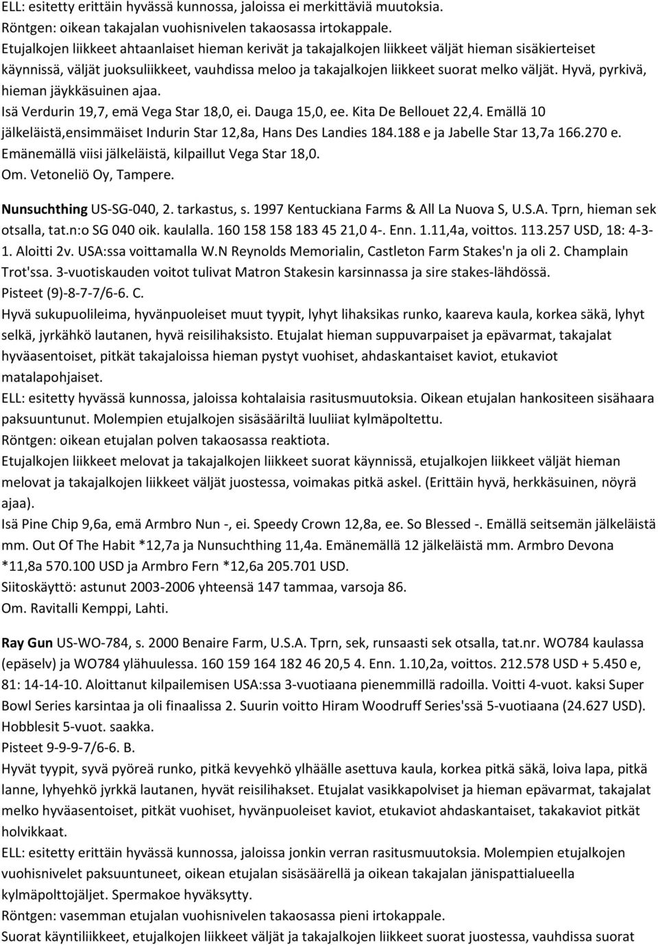 Hyvä, pyrkivä, hieman jäykkäsuinen ajaa. Isä Verdurin 19,7, emä Vega Star 18,0, ei. Dauga 15,0, ee. Kita De Bellouet 22,4. Emällä 10 jälkeläistä,ensimmäiset Indurin Star 12,8a, Hans Des Landies 184.