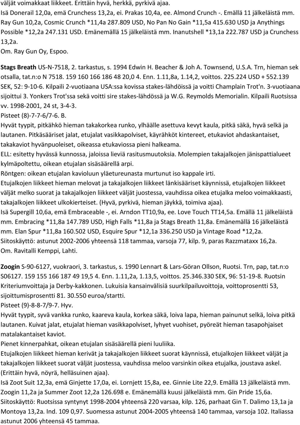 787 USD ja Crunchess 13,2a. Om. Ray Gun Oy, Espoo. Stags Breath US N 7518, 2. tarkastus, s. 1994 Edwin H. Beacher & Joh A. Townsend, U.S.A. Trn, hieman sek otsalla, tat.n:o N 7518.