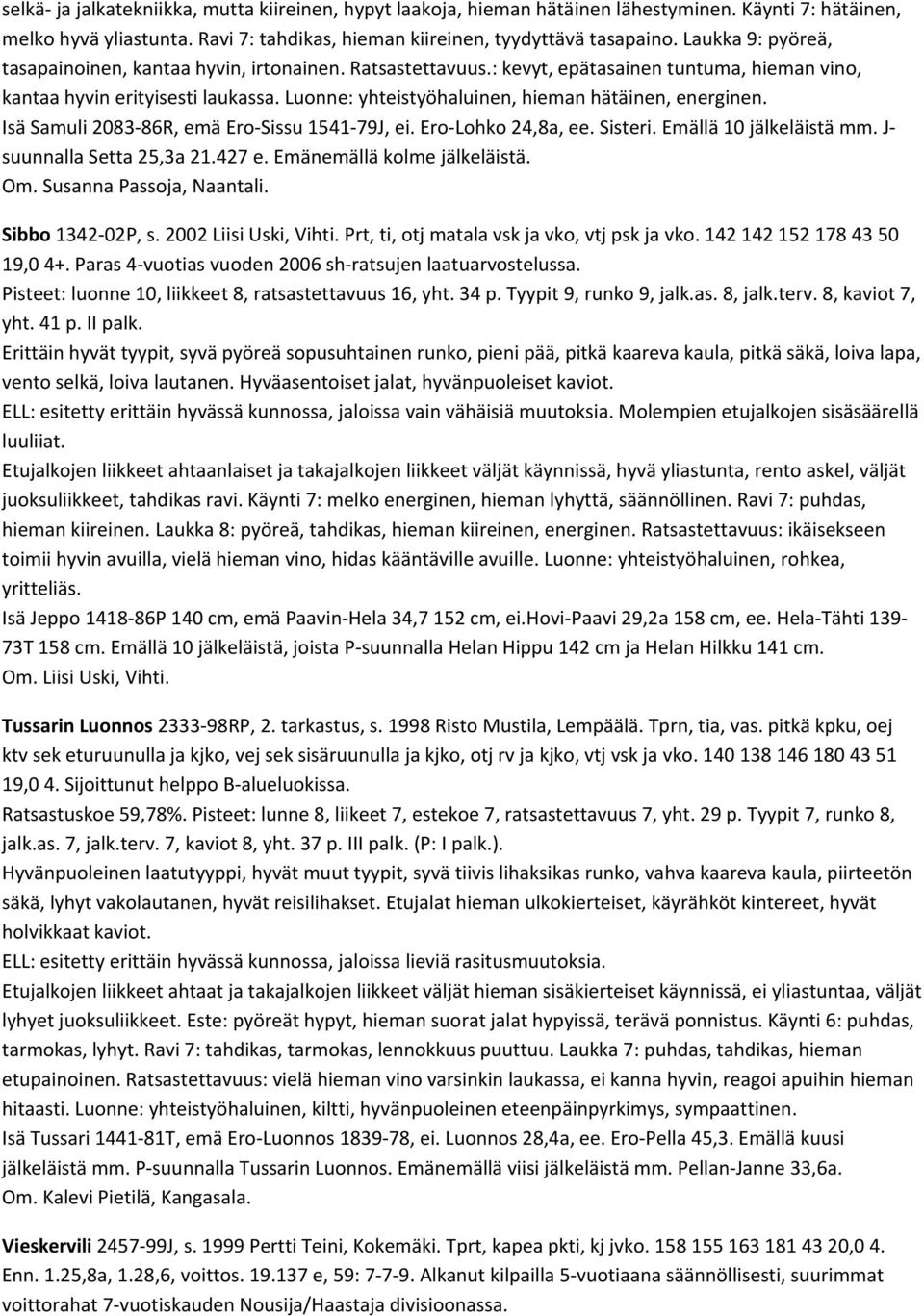 Luonne: yhteistyöhaluinen, hieman hätäinen, energinen. Isä Samuli 2083 86R, emä Ero Sissu 1541 79J, ei. Ero Lohko 24,8a, ee. Sisteri. Emällä 10 jälkeläistä mm. J suunnalla Setta 25,3a 21.427 e.