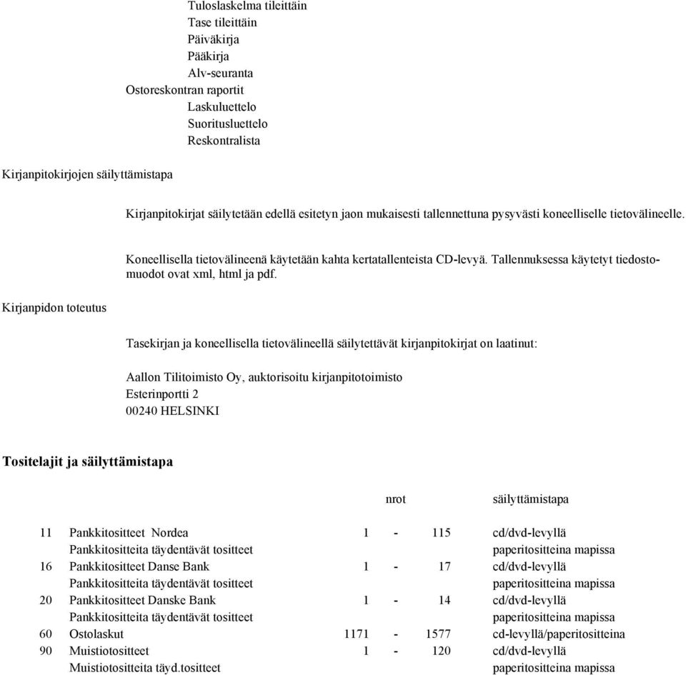 Tallennuksessa käytetyt tiedostomuodot ovat xml, html ja pdf.