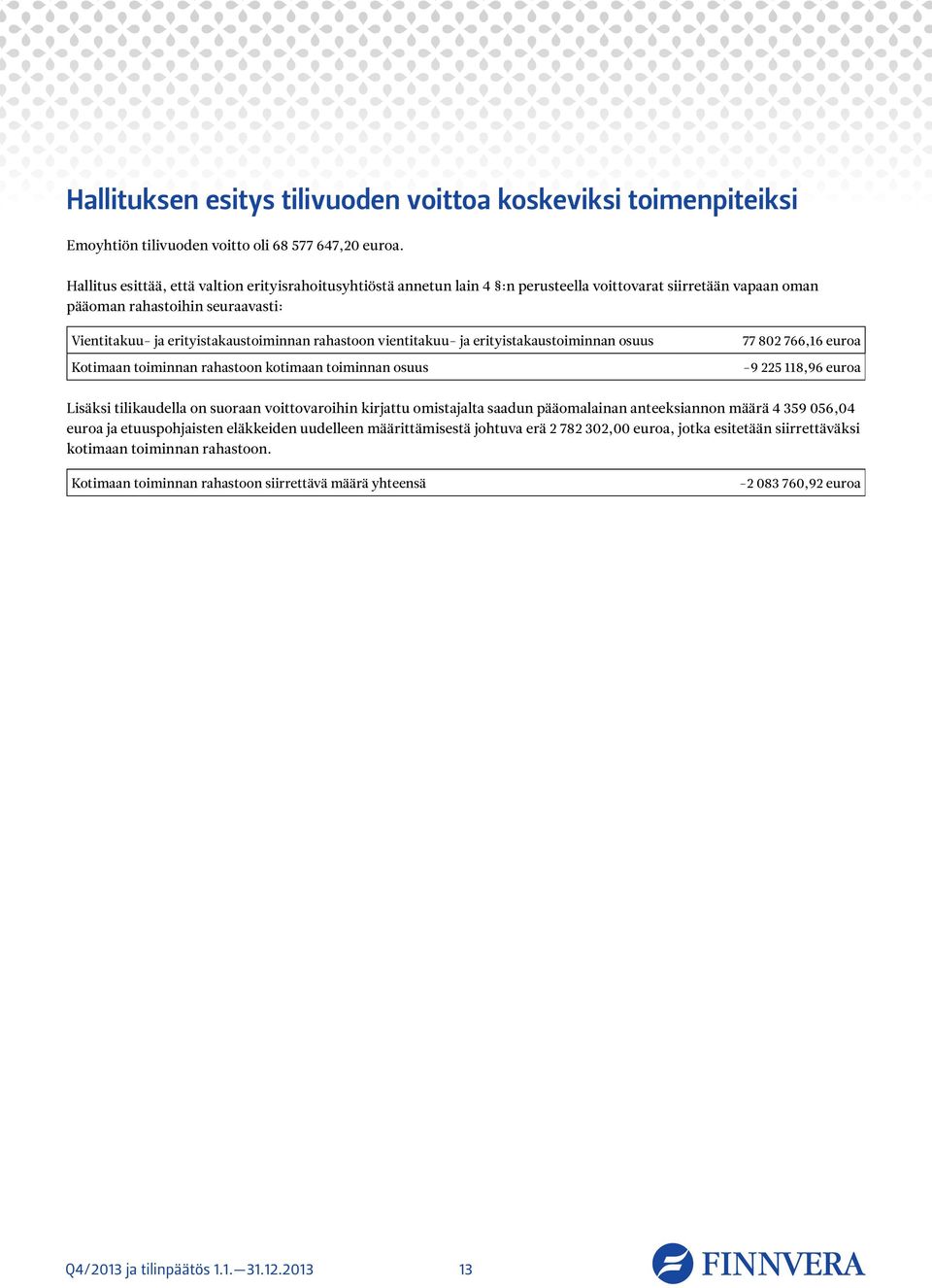 rahastoon vientitakuu- ja erityistakaustoiminnan osuus Kotimaan toiminnan rahastoon kotimaan toiminnan osuus 77 802 766,16 euroa -9 225 118,96 euroa Lisäksi tilikaudella on suoraan voittovaroihin