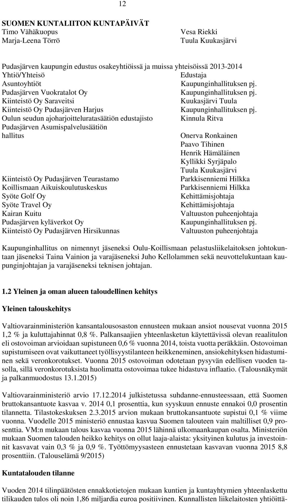 Oulun seudun ajoharjoitteluratasäätiön edustajisto Kinnula Ritva Pudasjärven Asumispalvelusäätiön hallitus Onerva Ronkainen Paavo Tihinen Henrik Hämäläinen Kyllikki Syrjäpalo Tuula Kuukasjärvi