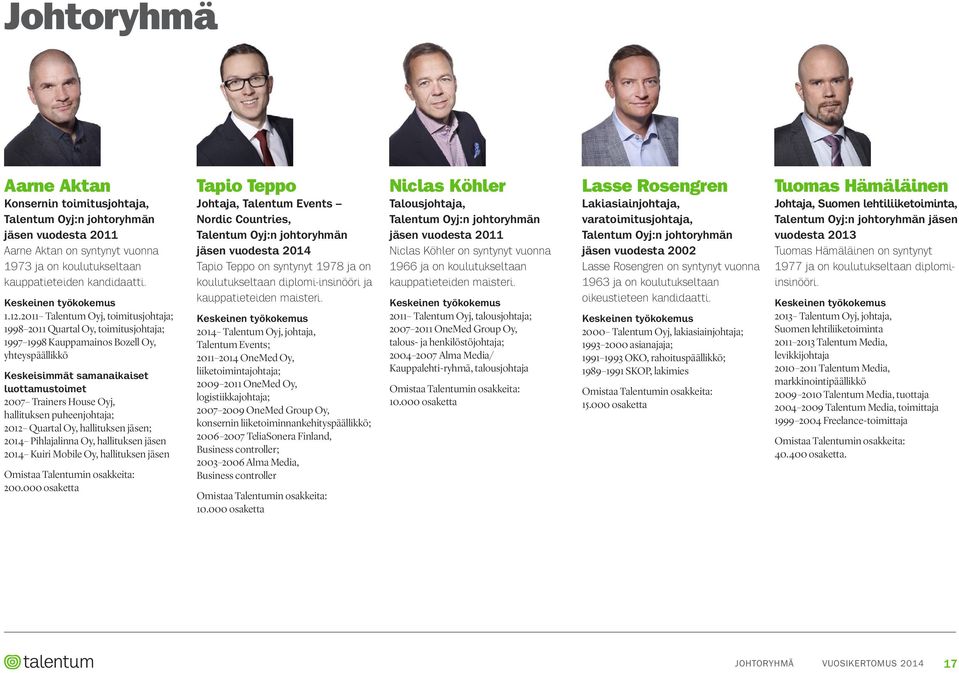 2011 Talentum Oyj, toimitusjohtaja; 1998 2011 Quartal Oy, toimitusjohtaja; 1997 1998 Kauppamainos Bozell Oy, yhteyspäällikkö Keskeisimmät samanaikaiset luottamustoimet 2007 Trainers House Oyj,