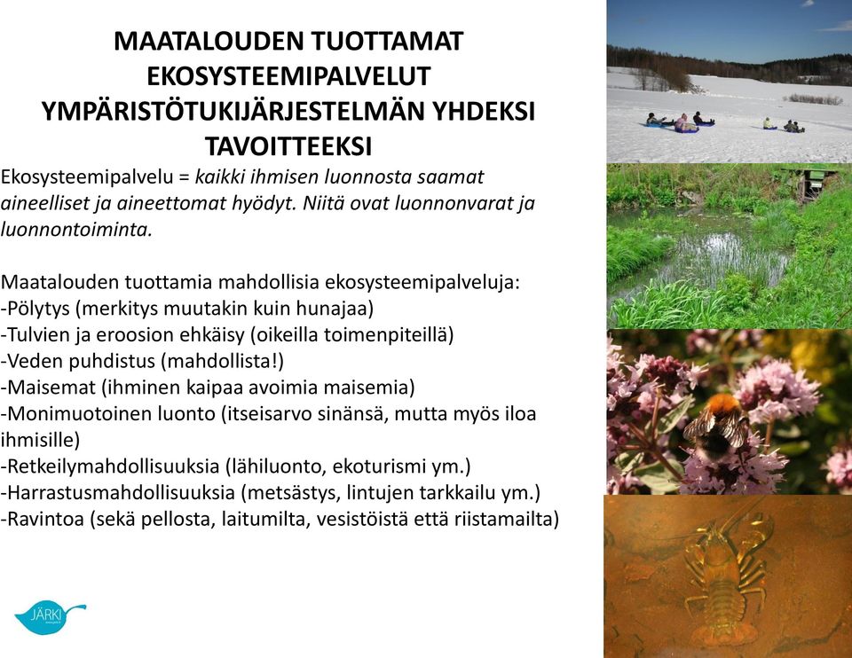 Maatalouden tuottamia mahdollisia ekosysteemipalveluja: -Pölytys (merkitys muutakin kuin hunajaa) -Tulvien ja eroosion ehkäisy (oikeilla toimenpiteillä) -Veden puhdistus