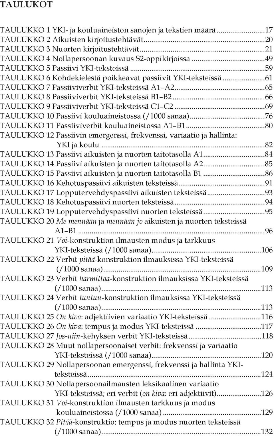 .. 61 TAULUKKO 7 Passiiviverbit YKI-teksteissä A1 A2... 65 TAULUKKO 8 Passiiviverbit YKI-teksteissä B1 B2... 66 TAULUKKO 9 Passiiviverbit YKI-teksteissä C1 C2.