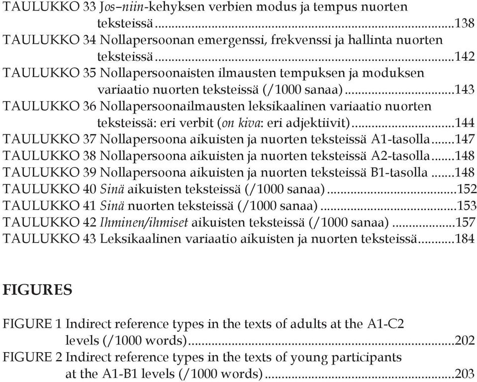 .. 143 TAULUKKO 36 Nollapersoonailmausten leksikaalinen variaatio nuorten teksteissä: eri verbit (on kiva: eri adjektiivit)... 144 TAULUKKO 37 Nollapersoona aikuisten ja nuorten teksteissä A1-tasolla.