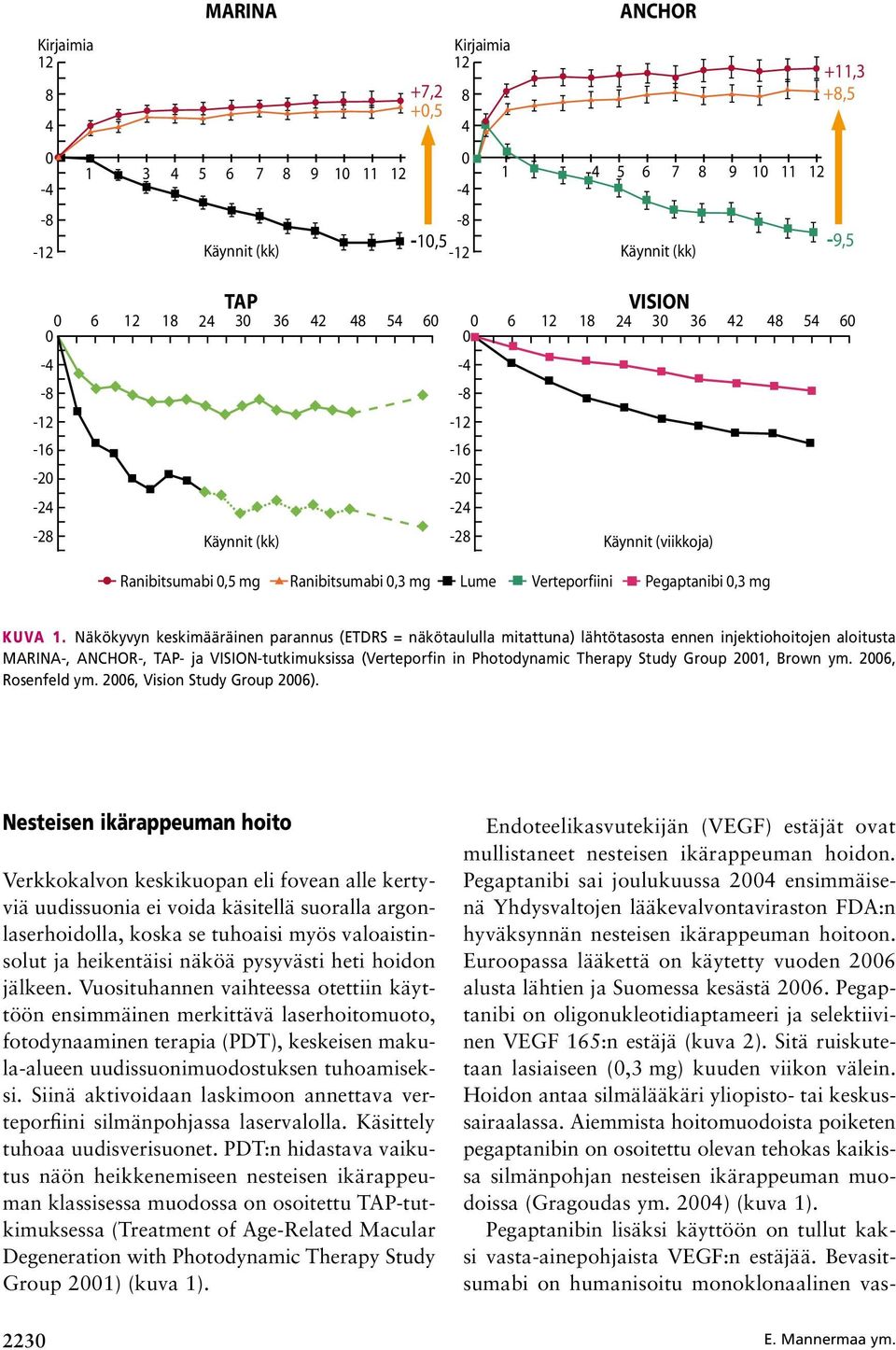 Näkökyvyn keskimääräinen parannus (ETDRS = näkötaululla mitattuna) lähtötasosta ennen injektiohoitojen aloitusta MRIN-, NCHOR-, TP- ja VISION-tutkimuksissa (Verteporfin in Photodynamic Therapy Study