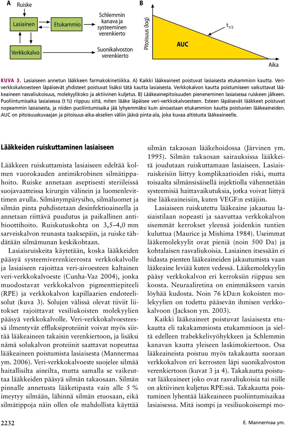 Verkkokalvon kautta poistumiseen vaikuttavat lääkeaineen rasvaliukoisuus, molekyylikoko ja aktiivinen kuljetus. B) Lääkeainepitoisuuden pieneneminen lasiaisessa ruiskeen jälkeen.