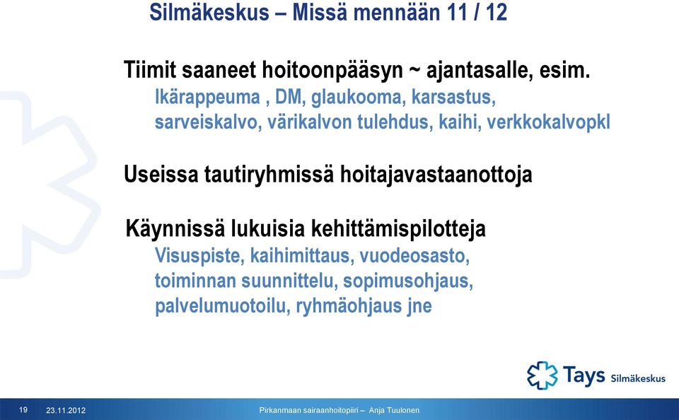 Useissa tautiryhmissä hoitajavastaanottoja Käynnissä lukuisia kehittämispilotteja Visuspiste,