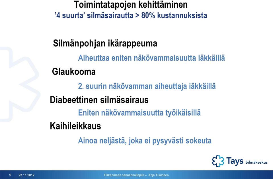 suurin näkövamman aiheuttaja iäkkäillä Diabeettinen silmäsairaus Kaihileikkaus