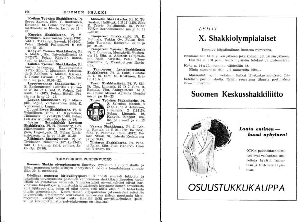 Pelaa: Käpylän kansakoul. ti 18,30-21,30. Lahden Työväen Shakkikerho. Pj. Aarne Laaksonen. Kaupungintalo (4672). Siht. V. Mustonen, Peisalantie 5. Rah.hoit. V. Mäkelä, Kirvesk. 4. Pelaa: Savonk. 7 Oy.