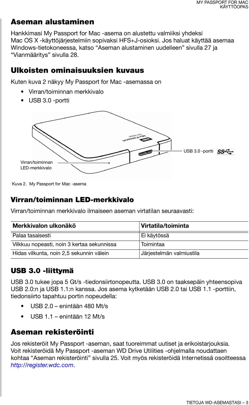 Ulkoisten ominaisuuksien kuvaus Kuten kuva 2 näkyy My Passport for Mac -asemassa on Virran/toiminnan merkkivalo USB 3.0 -portti Virran/toiminnan LED-merkkivalo USB 3.0 -portti Kuva 2.