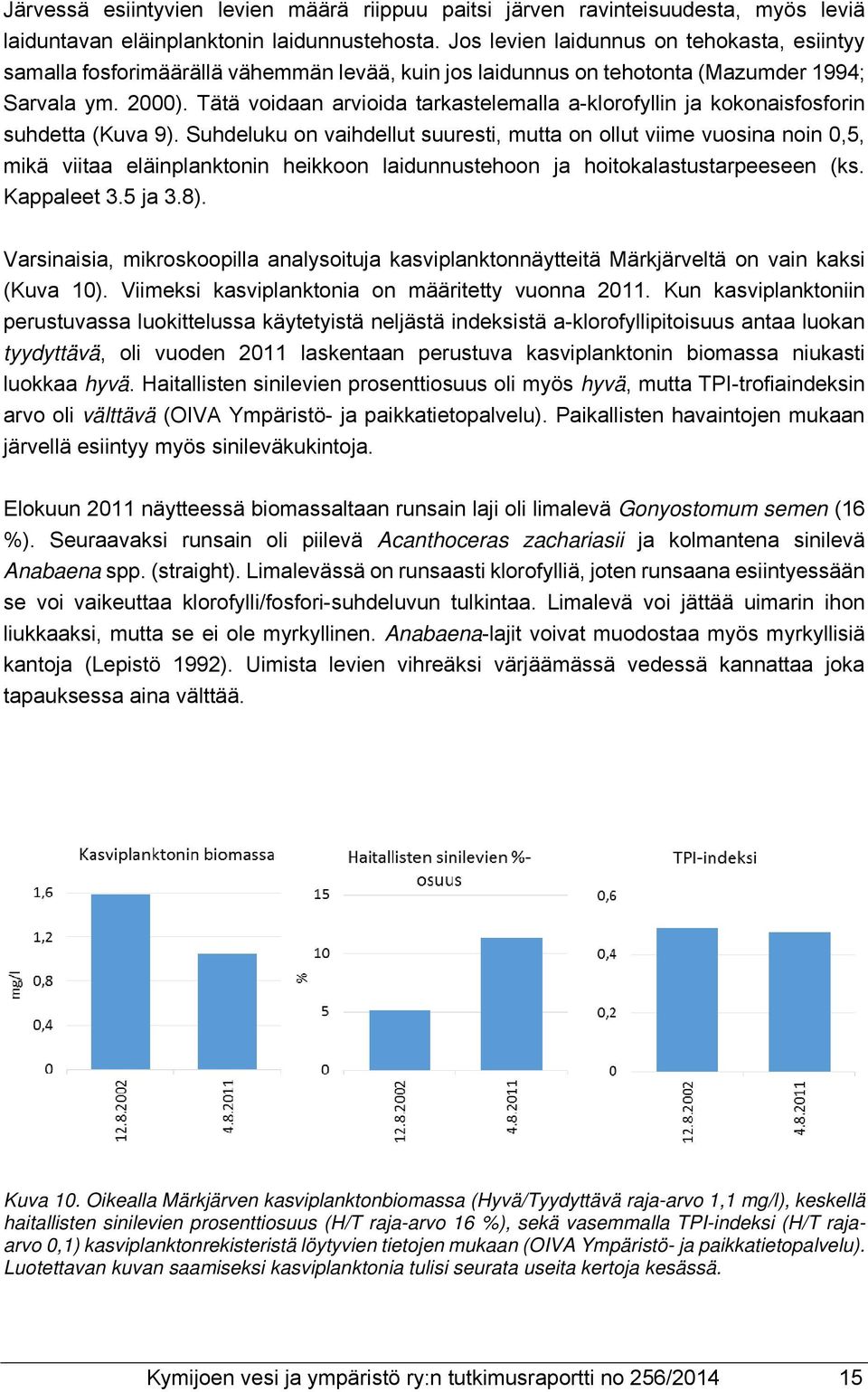 Tätä voidaan arvioida tarkastelemalla a-klorofyllin ja kokonaisfosforin suhdetta (Kuva 9).