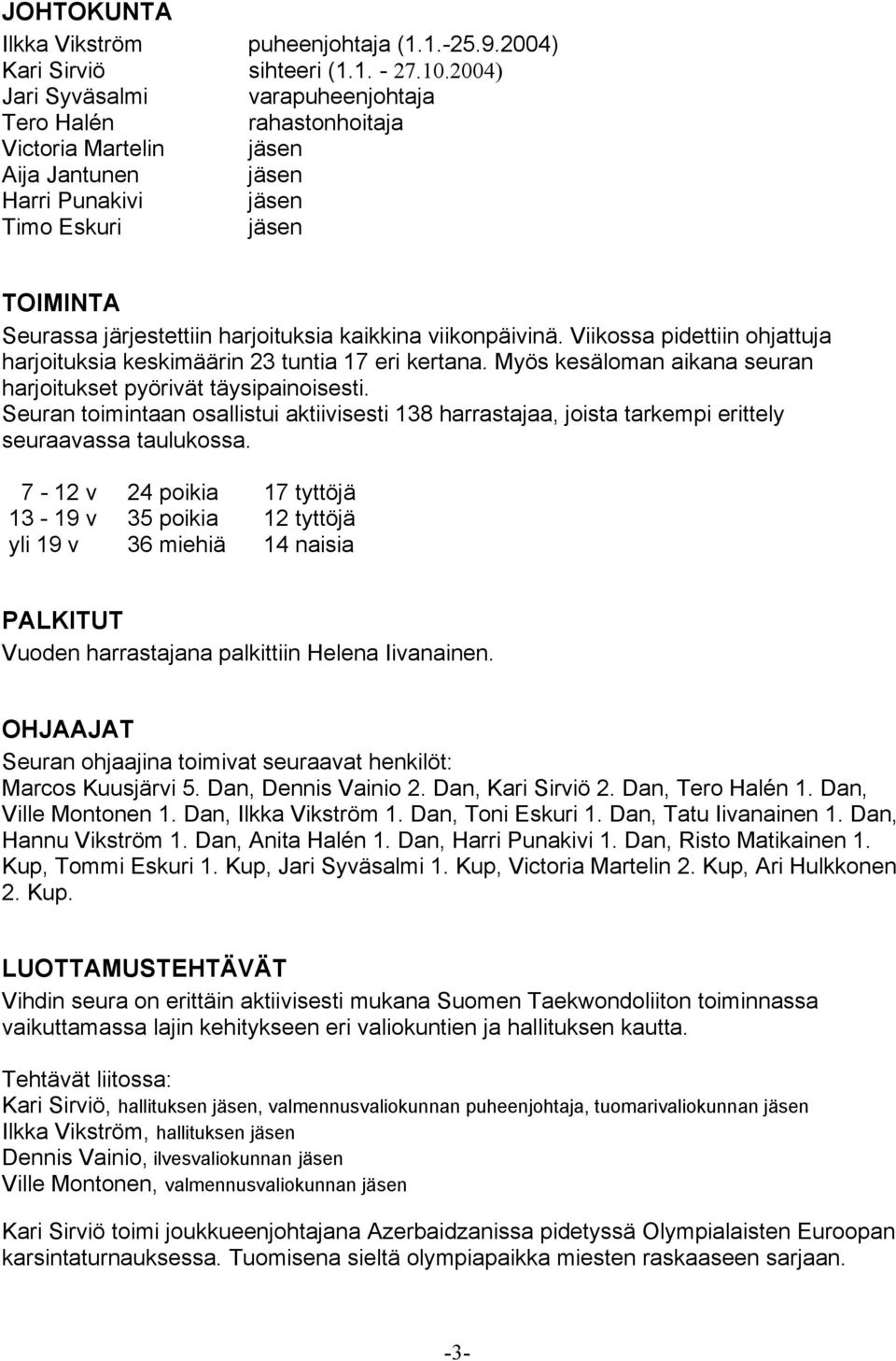 kaikkina viikonpäivinä. Viikossa pidettiin ohjattuja harjoituksia keskimäärin 23 tuntia 17 eri kertana. Myös kesäloman aikana seuran harjoitukset pyörivät täysipainoisesti.