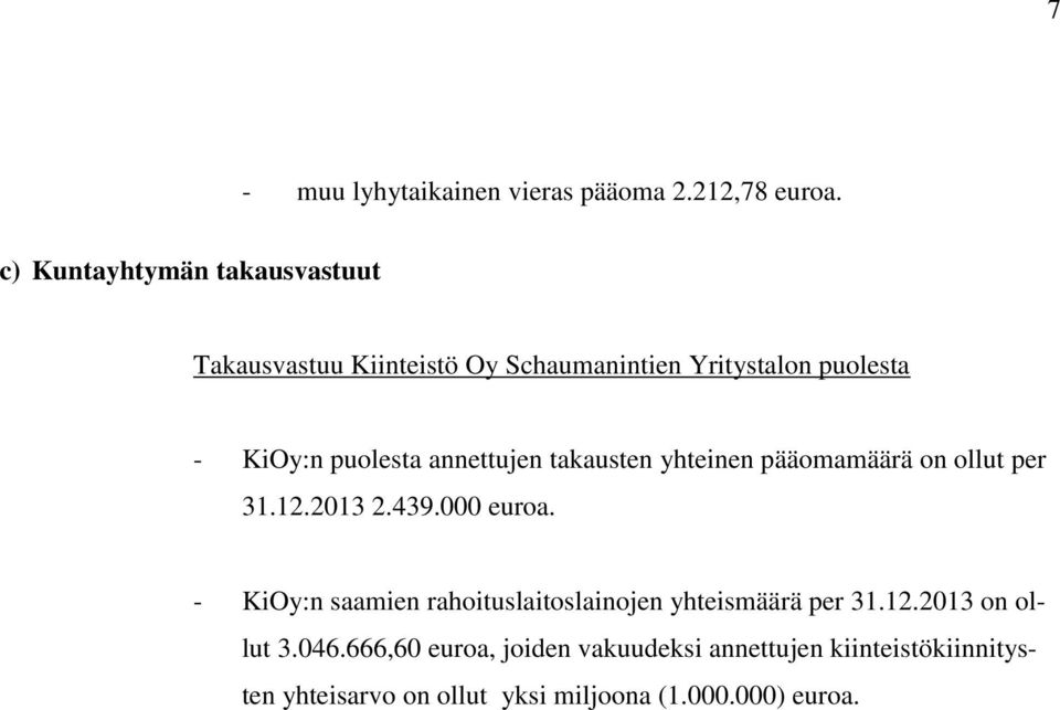 annettujen takausten yhteinen pääomamäärä on ollut per 31.12.2013 2.439.000 euroa.