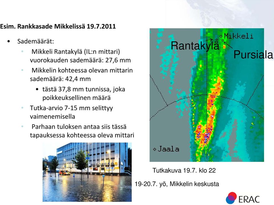 olevan mittarin sademäärä: 42,4 mm tästä 37,8 mm tunnissa, joka poikkeuksellinen määrä Tutka-arvio