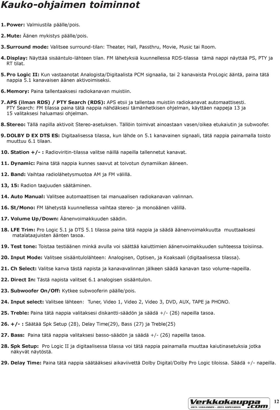 Pro Logic II: Kun vastaanotat Analogista/Digitaalista PCM signaalia, tai 2 kanavaista ProLogic ääntä, paina tätä nappia 5.1 kanavaisen äänen aktivoimiseksi. 6.