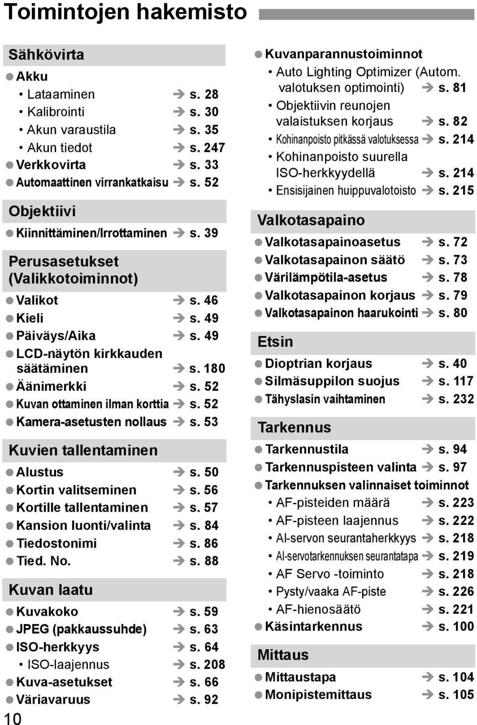 52 Kuvan ottaminen ilman korttia s. 52 Kamera-asetusten nollaus s. 53 Kuvien tallentaminen Alustus s. 50 Kortin valitseminen s. 56 Kortille tallentaminen s. 57 Kansion luonti/valinta s.