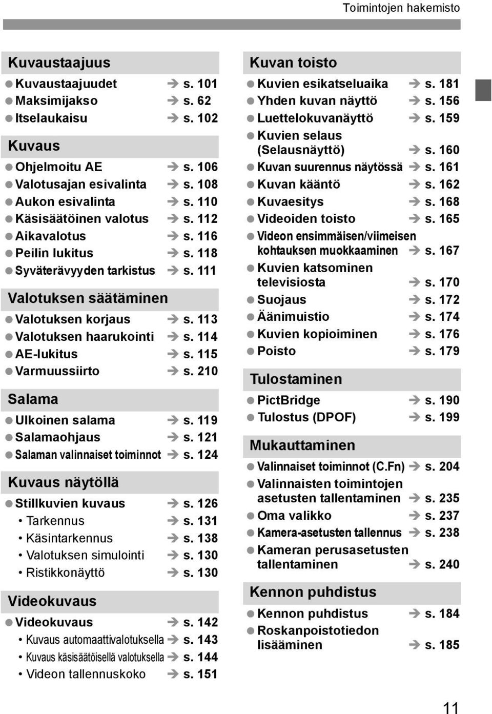 115 Varmuussiirto s. 210 Salama Ulkoinen salama s. 119 Salamaohjaus s. 121 Salaman valinnaiset toiminnot s. 124 Kuvaus näytöllä Stillkuvien kuvaus s. 126 Tarkennus s. 131 Käsintarkennus s.