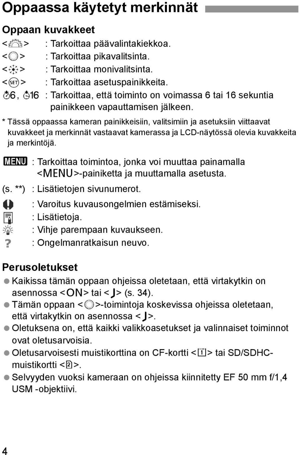 * Tässä oppaassa kameran painikkeisiin, valitsimiin ja asetuksiin viittaavat kuvakkeet ja merkinnät vastaavat kamerassa ja LCD-näytössä olevia kuvakkeita ja merkintöjä.