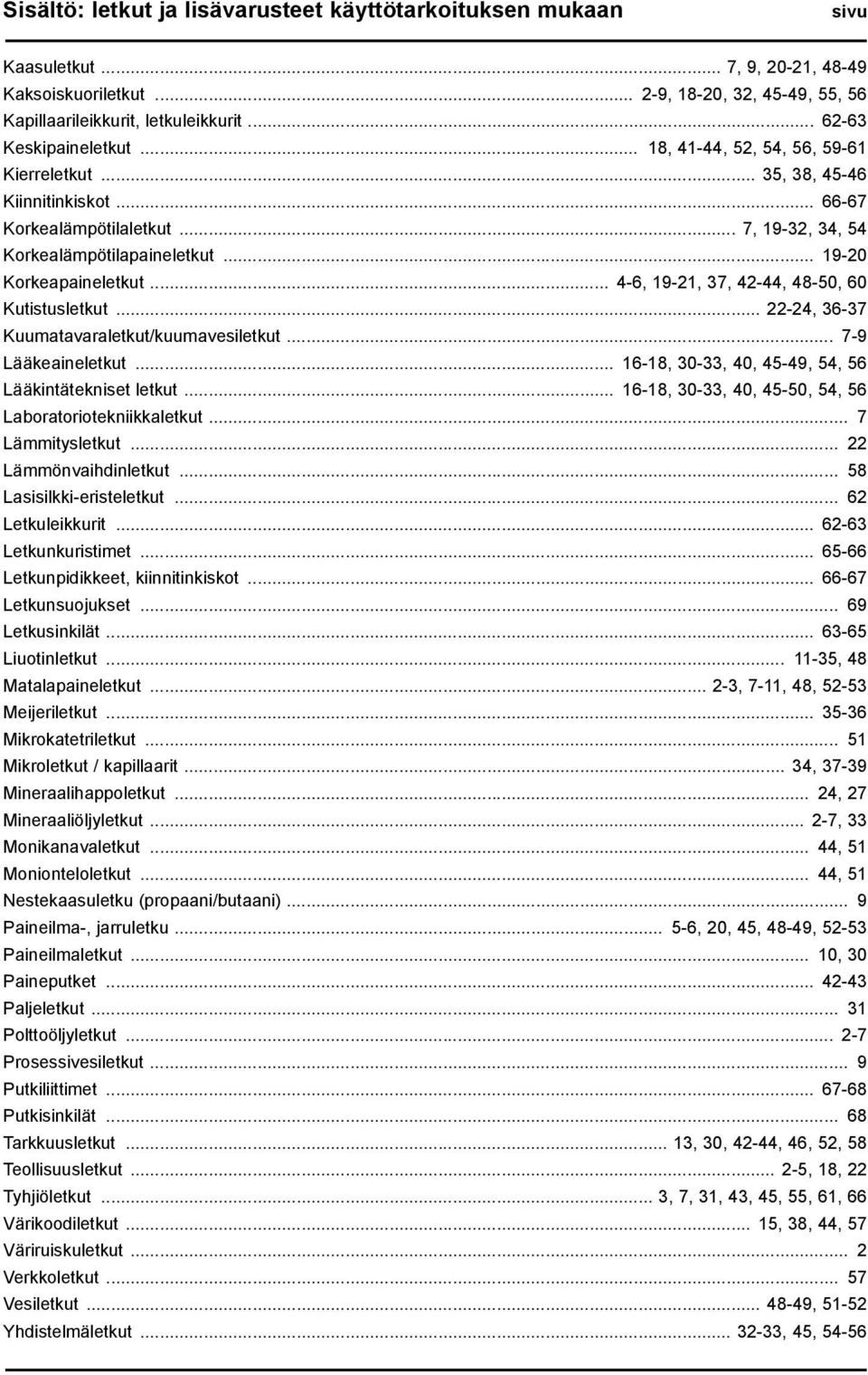 .. 19-20 Korkeapaineletkut... 4-6, 19-21, 37, 42-44, 48-50, 60 Kutistusletkut... 22-24, 36-37 Kuumatavaraletkut/kuumavesiletkut... 7-9 Lääkeaineletkut.