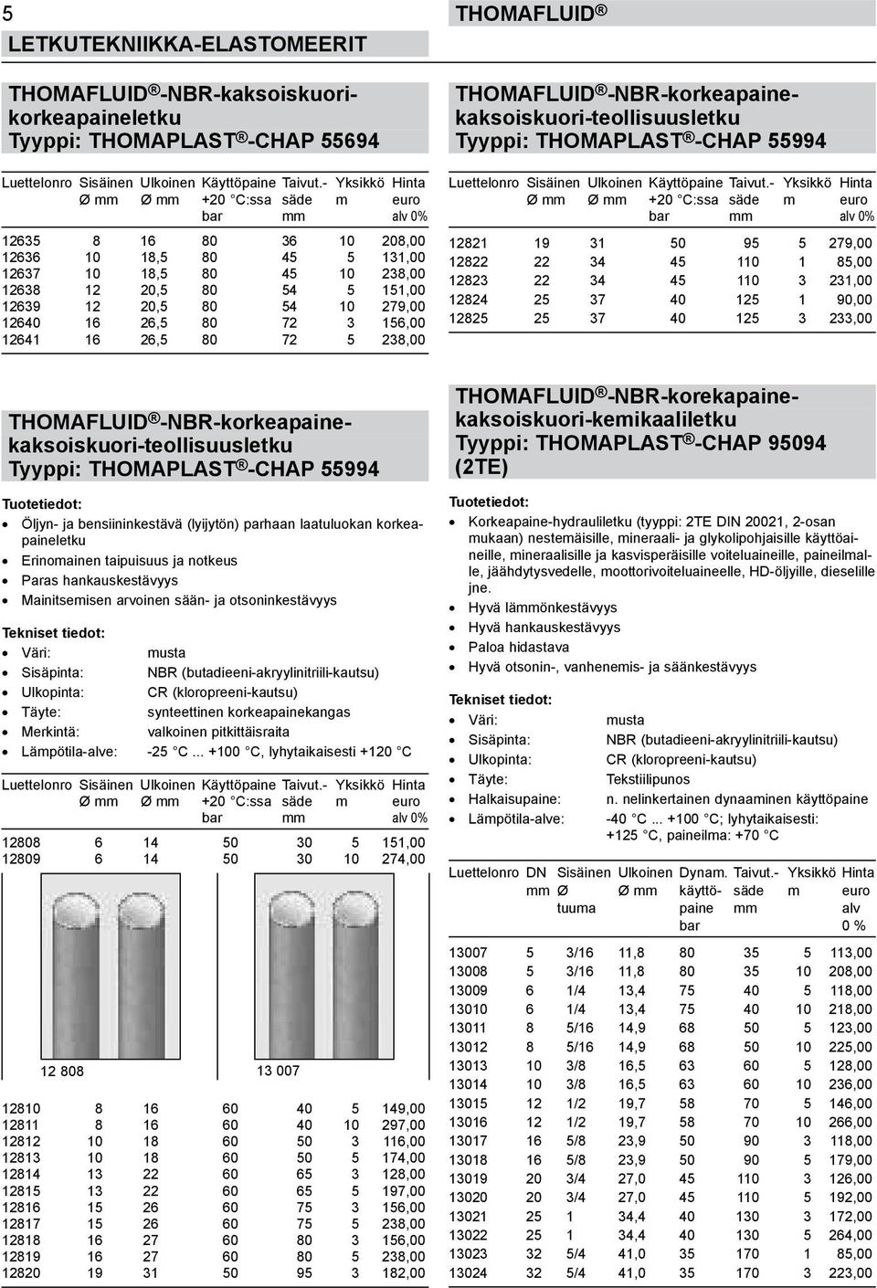 12640 16 26,5 80 72 3 156,00 12641 16 26,5 80 72 5 238,00 Thomafluid THOMAFLUID -NBR-korkeapainekaksoiskuori-teollisuusletku Tyyppi: THOMAPLAST -CHAP 55994 Luettelonro Sisäinen Ulkoinen Käyttöpaine