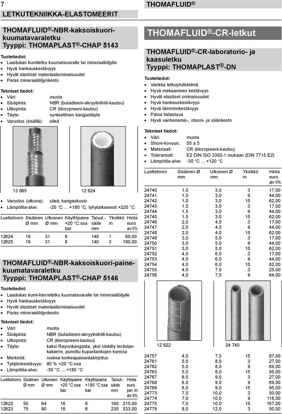 THOMAFLUID -CR-letkut THOMAFLUID -CR-laboratorio- ja kaasuletku Tyyppi: THOMAPLAST -DN Vankka letkuyhdistelmä Hyvä mekaaninen kestävyys Hyvät elastiset ominaisuudet Hyvä hankauskestävyys Hyvä