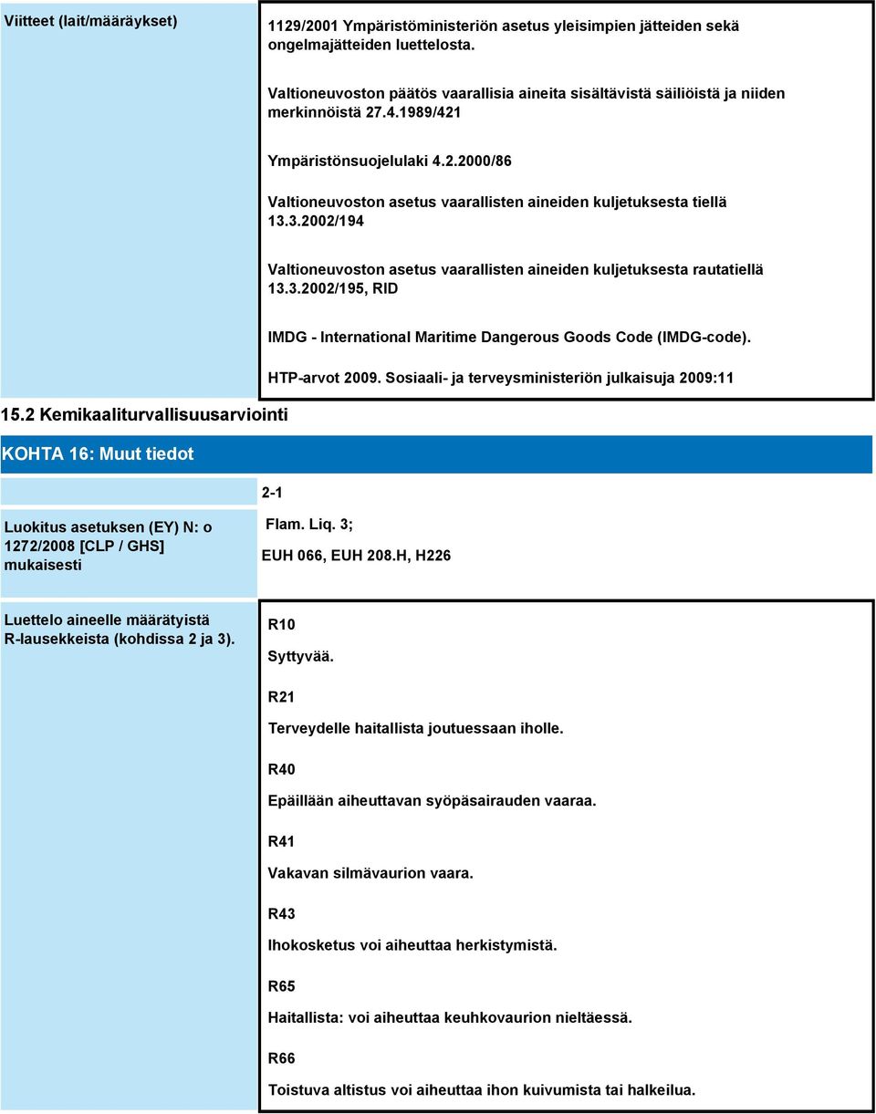 3.2002/194 Valtioneuvoston asetus vaarallisten aineiden kuljetuksesta rautatiellä 13.3.2002/195, RID IMDG - International Maritime Dangerous Goods Code (IMDG-code). HTP-arvot 2009.