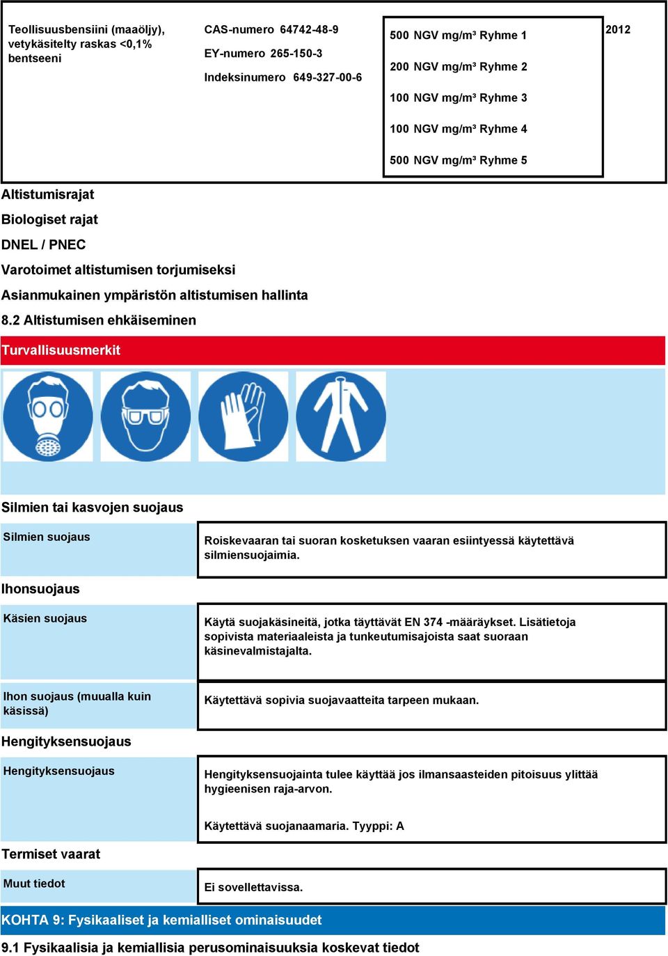 2 Altistumisen ehkäiseminen Turvallisuusmerkit Silmien tai kasvojen suojaus Silmien suojaus Roiskevaaran tai suoran kosketuksen vaaran esiintyessä käytettävä silmiensuojaimia.