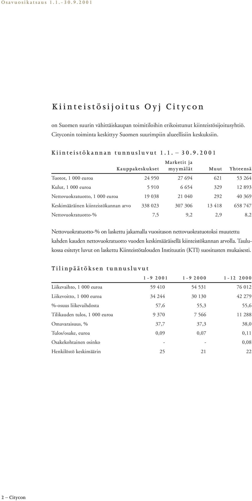 2001 Marketit ja Kauppakeskukset myymälät Muut Yhteensä Tuotot, 1 000 euroa 24 950 27 694 621 53 264 Kulut, 1 000 euroa 5 910 6 654 329 12 893 Nettovuokratuotto, 1 000 euroa 19 038 21 040 292 40 369